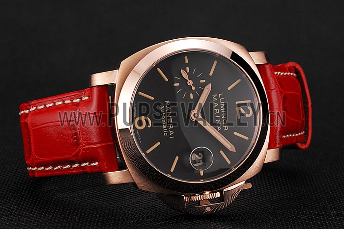 Swiss Panerai Luminor Marina Black Dial Rose Gold Case Red Leather Strap
