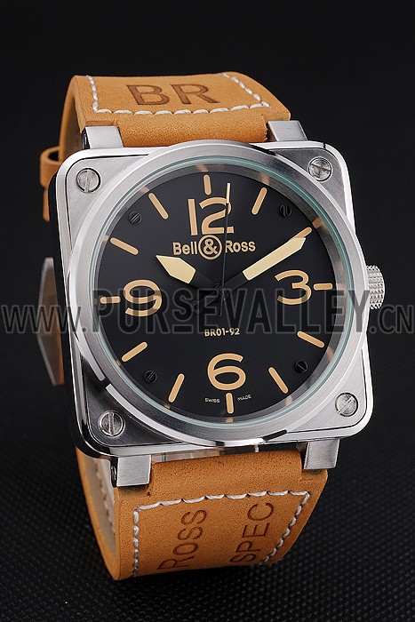Bell and Ross BR 01-92 Black Dial Silver Case Gold Numerals Brown Leather Strap