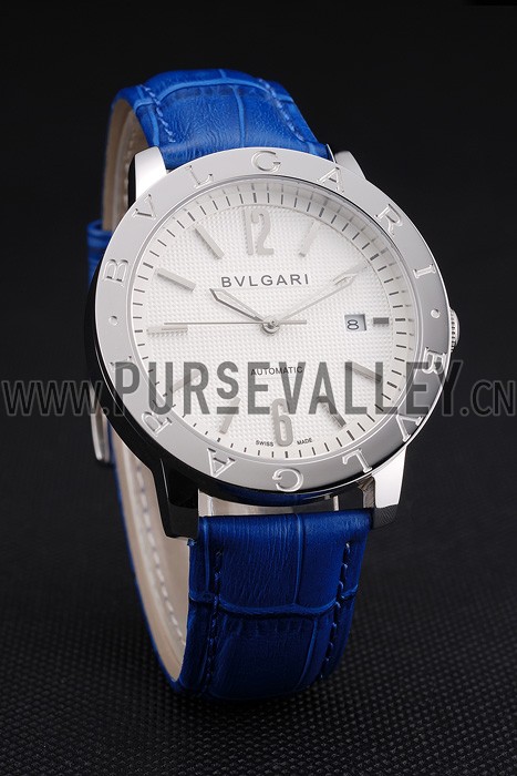Bvlgari Novelties White Dial Silver Case Blue Leather Strap