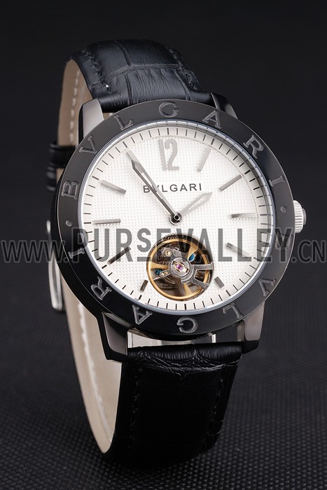 Bvlgari Tourbillon White Dial Black Case Black Leather Strap
