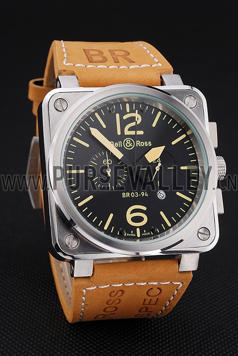 Bell and Ross BR 03-94 Black Dial Silver Case Brown Leather Strap