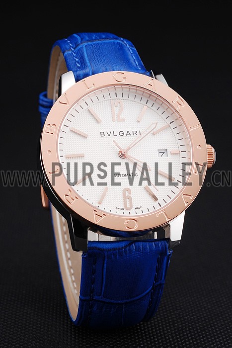 Bvlgari Novelties White Dial Gold Case Blue Leather Strap
