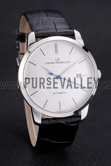 Swiss Girard-Perregaux 1966 White Dial Silver Case Black Leather Strap