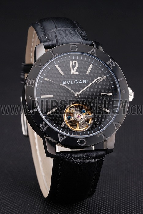 Bvlgari Tourbillon Black Dial Black Case Black Leather Strap