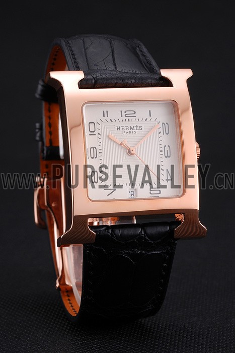 Hermes Heure H White Dial Gold Case Black Leather Strap
