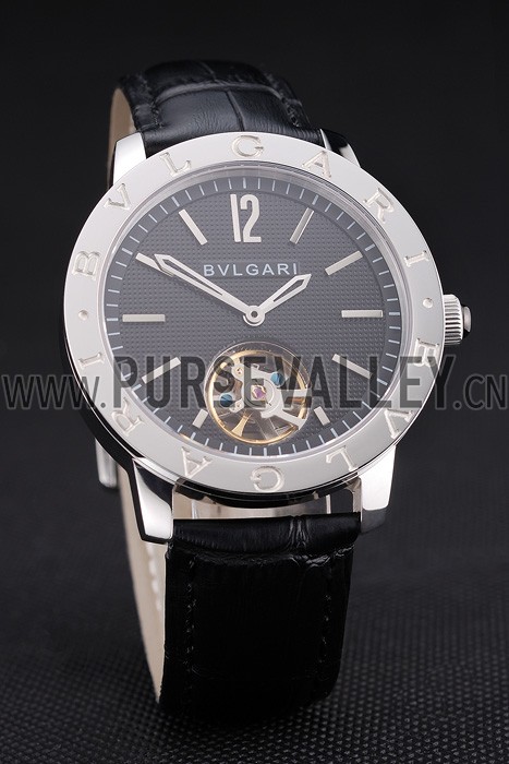 Bvlgari Tourbillon Black Dial Silver Case Black Leather Strap