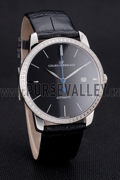 Swiss Girard-Perregaux 1966 Black Dial Silver Diamond Case Black Leather Strap