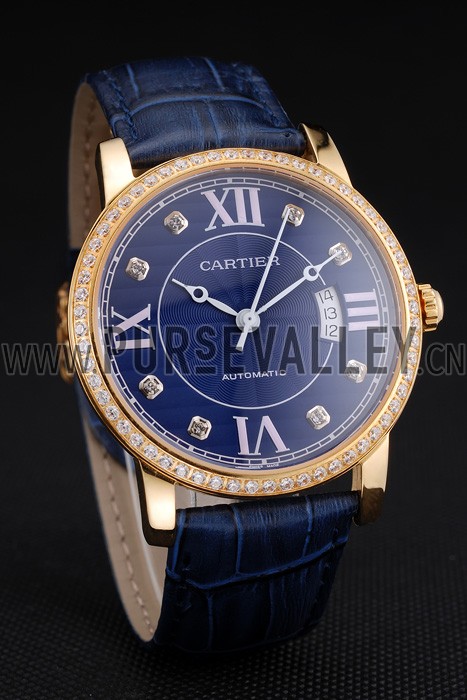 Swiss Cartier Ronde Solo Blue Dial Gold Diamond Case Blue Leather Strap