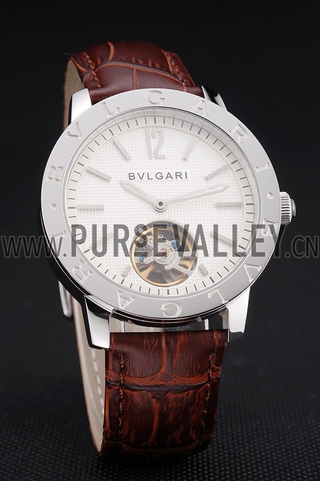 Bvlgari Tourbillon White Dial Silver Case Brown Leather Strap
