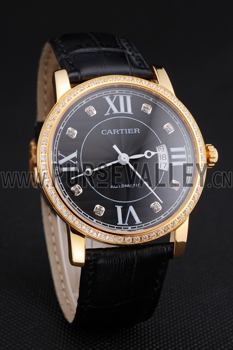 Swiss Cartier Ronde Solo Black Dial Gold Diamond Case Black Leather Strap