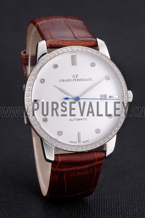 Swiss Girard-Perregaux 1966 White Dial Silver Diamond Case Brown Leather Strap