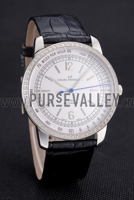 Swiss Girard-Perregaux 1966 Automatic White Dial Silver Diamond Case Black Leather Strap