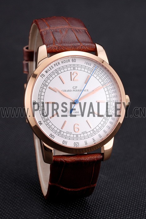 Swiss Girard-Perregaux 1966 Automatic White Dial Gold Case Brown Leather Strap
