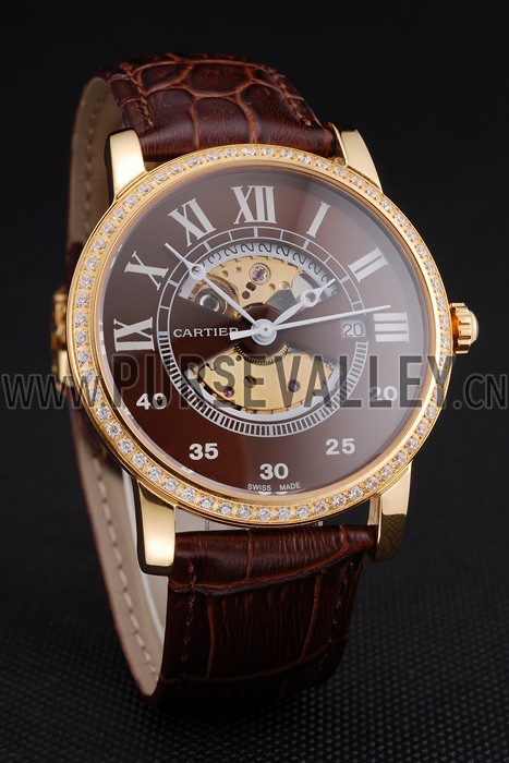 Swiss Cartier Rotonde Small Complication Brown Dial Gold Diamond Case Brown Leather Strap