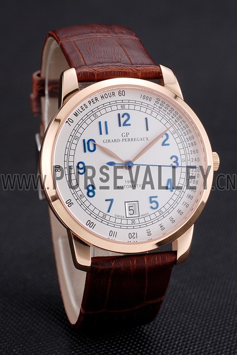 Swiss Girard-Perregaux 1966 Automatic White Dial Gold Case Blue Numerals Brown Leather Strap