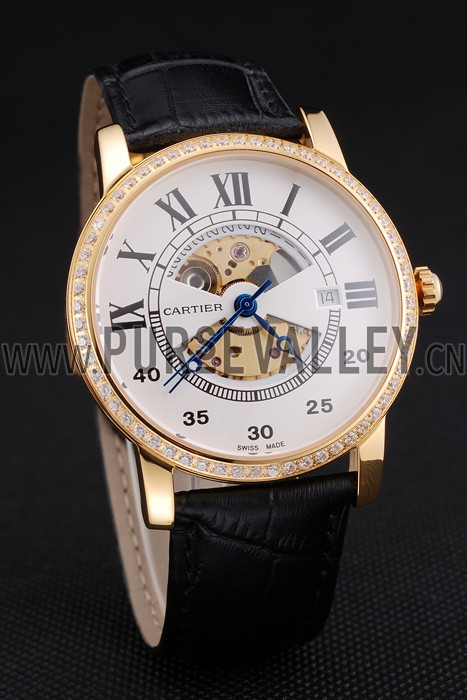 Swiss Cartier Rotonde Small Complication White Dial Gold Diamond Case Black Leather Strap