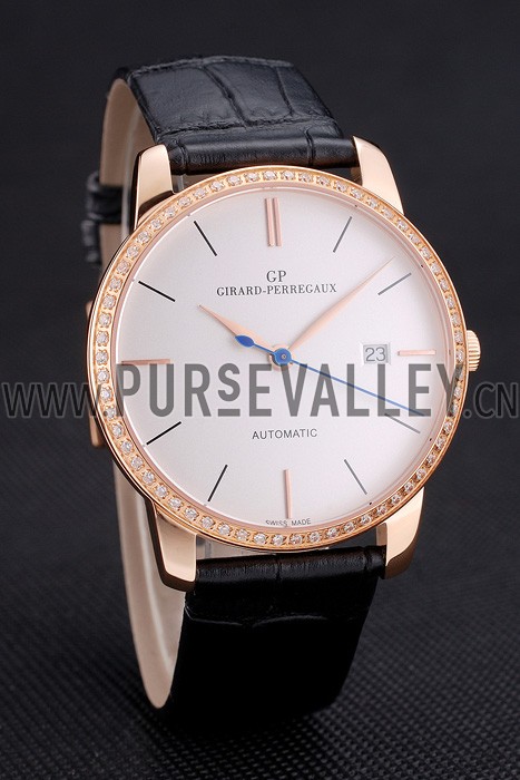 Swiss Girard-Perregaux 1966 White Dial Gold Diamond Case Black Leather Strap