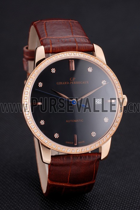 Swiss Girard-Perregaux 1966 Black Dial Gold Diamond Case Brown Leather Strap