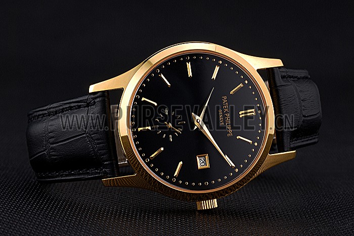 Patek Philippe Calatrava Black Dial Gold Case Black Leather Strap 622845