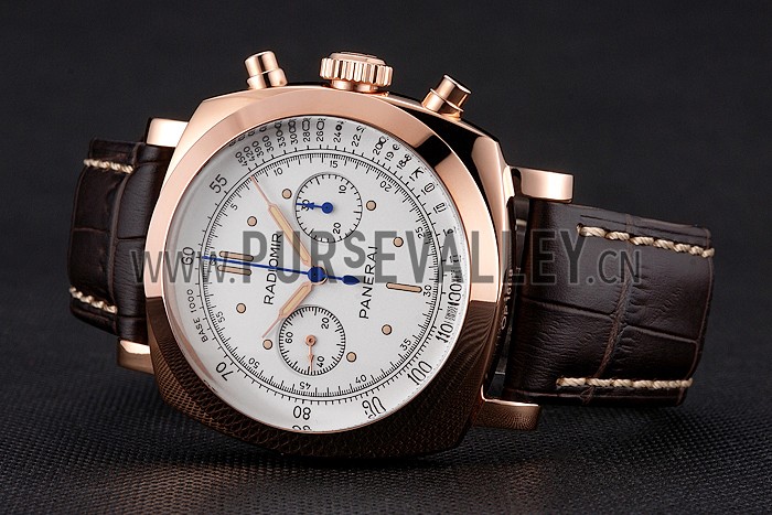 Swiss Panerai Radiomir 1940 Chronograph White Dial Rose Gold Case Brown Leather Strap