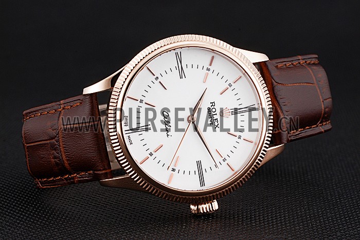 Swiss Rolex Cellini Time Gold Case White Dial Brown Leather Bracelet 622655