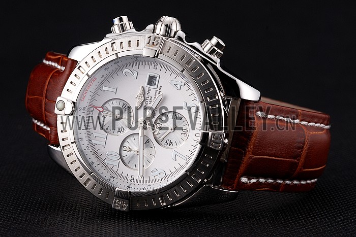 Breitling Chronomat 13 Stainless Steel Case White Dial Arabic Numerals Brown Leather Bracelet 622238