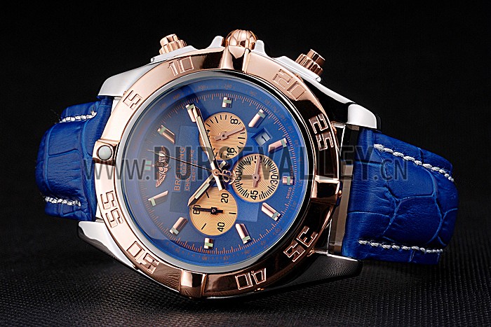 Breitling Chronomat Blue Dial Rose Gold Bezel And Subdials Stainless Steel Case Blue Leather Strap