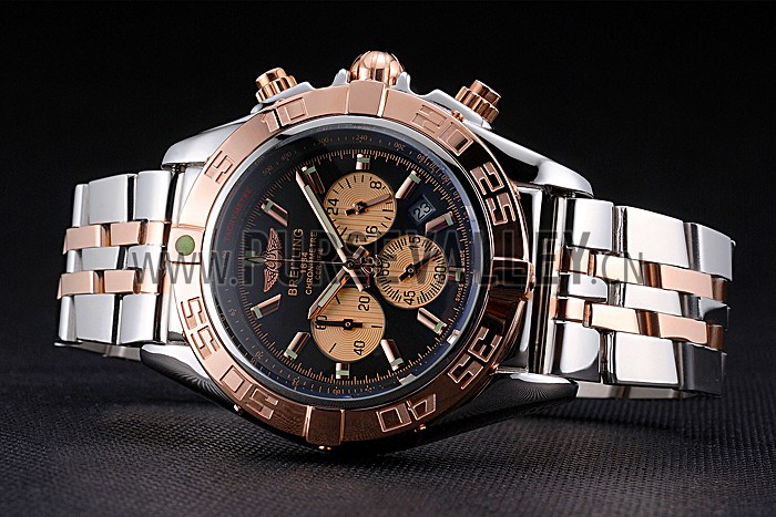 Breitling Chronomat Black Dial Rose Gold Bezel And Subdials Stainless Steel Case Two Tone Bracelet