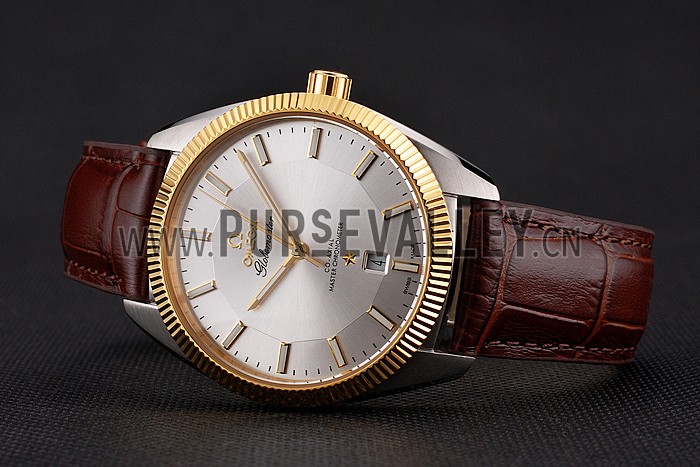 Omega Globemaster Silver Dial Gold Bezel Stainless Steel Case Brown Leather Strap