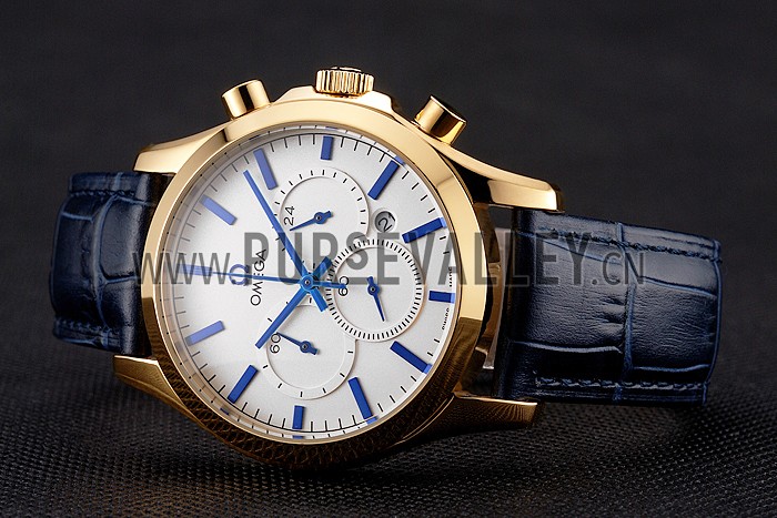Omega Chronograph White Dial Gold Case Blue Leather Strap
