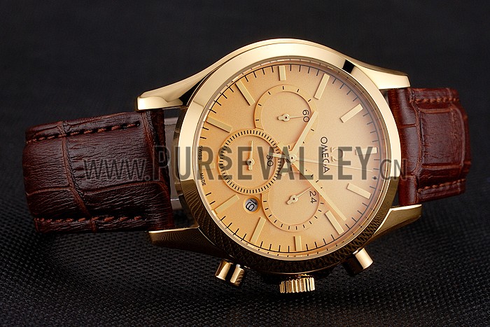 Omega Chronograph Gold Dial Gold Case Brown Leather Strap