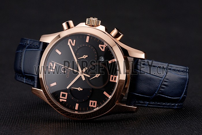 Omega Chronograph Black Dial Rose Gold Case Blue Leather Strap