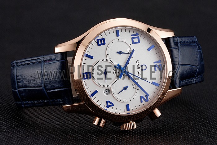 Omega Chronograph White Dial Rose Gold Case Blue Leather Strap