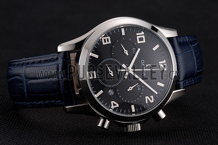 Omega Chronograph Black Dial Stainless Steel Case Blue Leather Strap