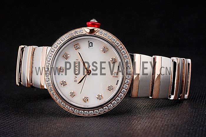 Bvlgari Lvcea White Dial Diamond Hour Markings Rose Gold Case With Diamonds Two Tone Bracelet