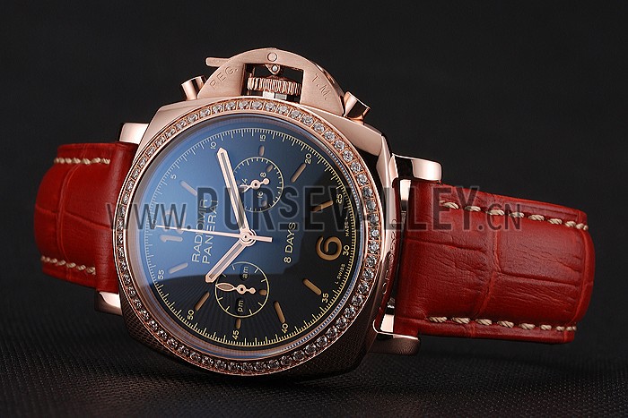 Panerai Radiomir 8 Days Chronograph Black Dial Diamond Bezel Rose Gold Case Red Leather Strap 1453797