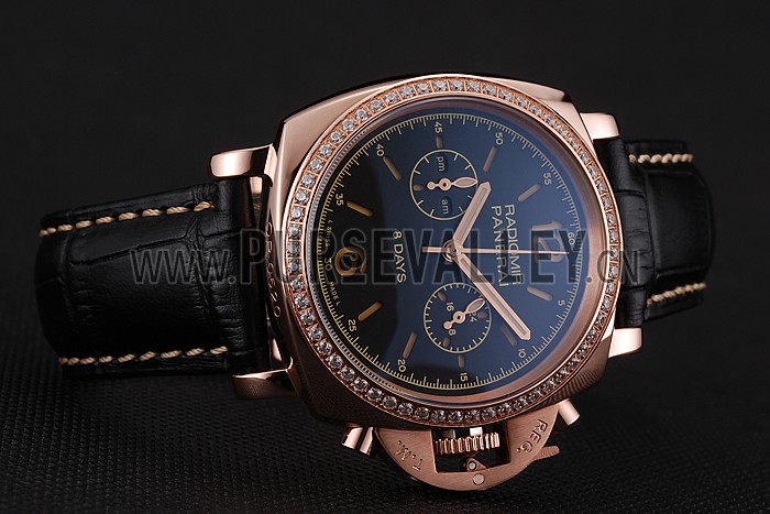 Panerai Radiomir 8 Days Chronograph Black Dial Diamond Bezel Rose Gold Case Black Leather Strap 1453798