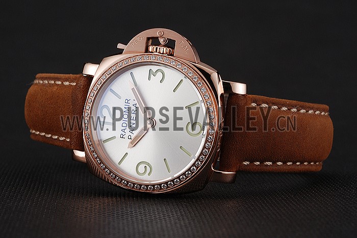Panerai Radiomir White Dial Diamond Bezel Rose Gold Case Brown Suede Leather Strap 1453799