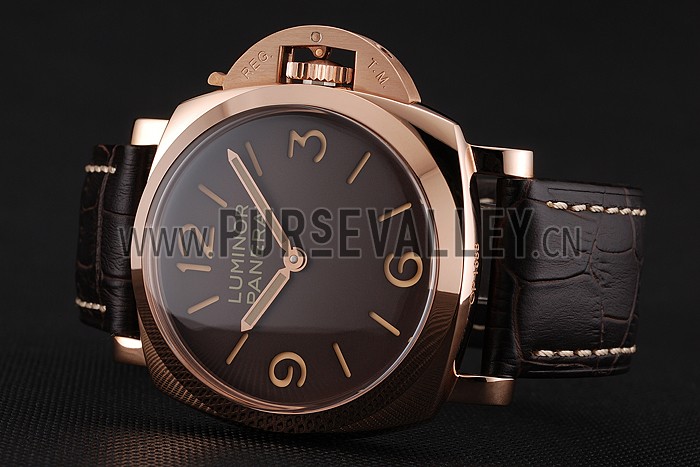 Swiss Panerai Luminor Brown Dial Rose Gold Case Brown Leather Strap 1453841