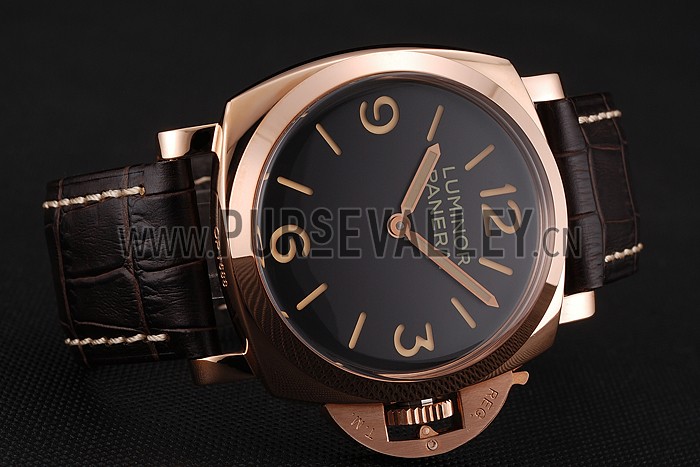 Swiss Panerai Luminor Black Dial Rose Gold Case Brown Leather Strap 1453842