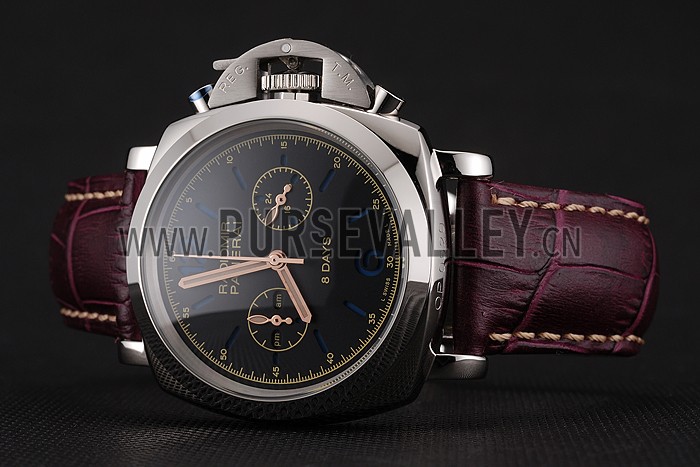 Panerai Radiomir 8 Days Chronograph Black Dial Stainless Steel Case Plum Leather Strap 1453795
