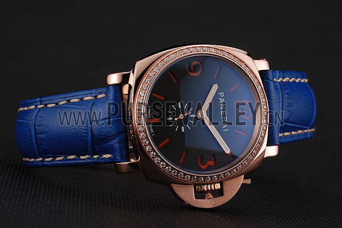 Panerai Radiomir Black Dial Diamond Bezel Rose Gold Case Blue Leather Strap 1453800
