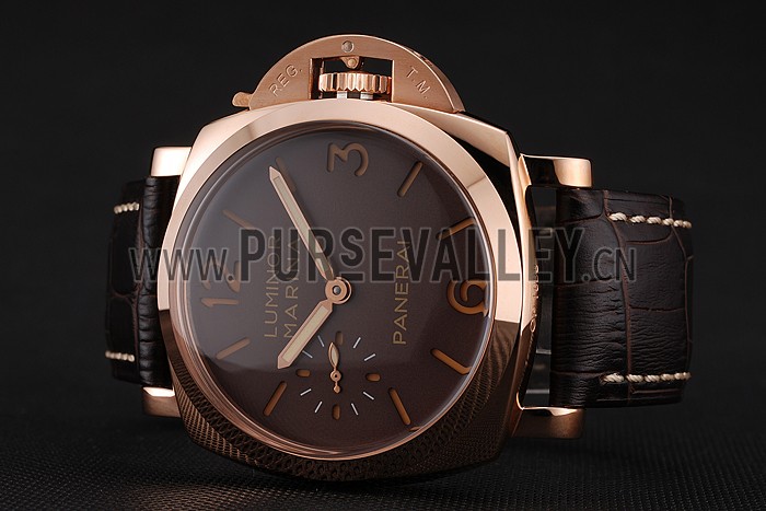 Swiss Panerai Luminor Marina Brown Dial Rose Gold Case Brown Leather Strap 1453843