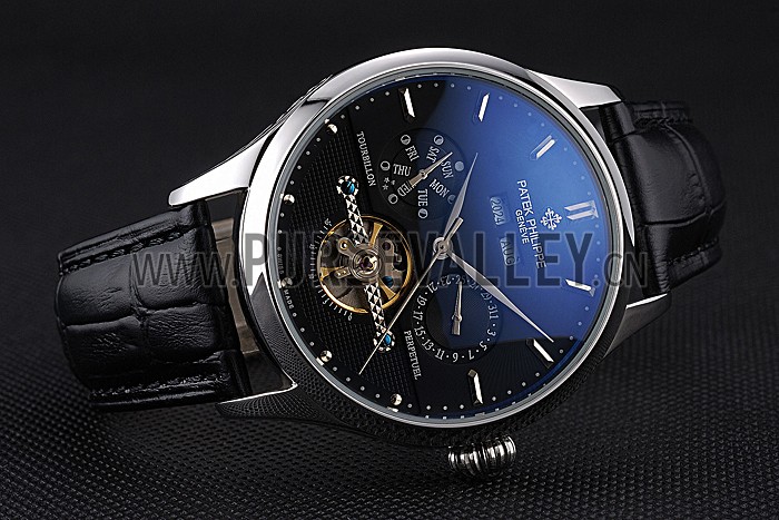 Patek Philippe Day Date Tourbillon Black Dial Stainless Steel Case Black Leather Strap 622839