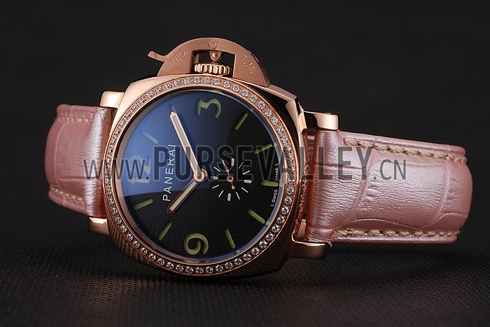 Panerai Radiomir Black Dial Diamond Bezel Rose Gold Case Pink Leather Strap 1453801