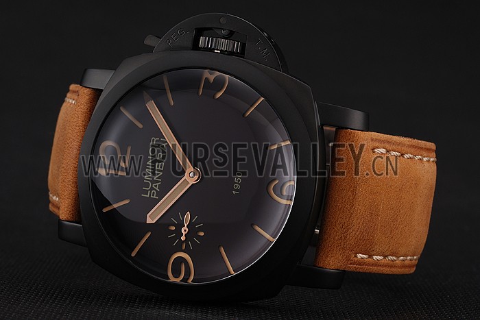 Swiss Panerai Luminor 1950 Black Dial Black PVD Case Brown Suede Leather Strap 1453851