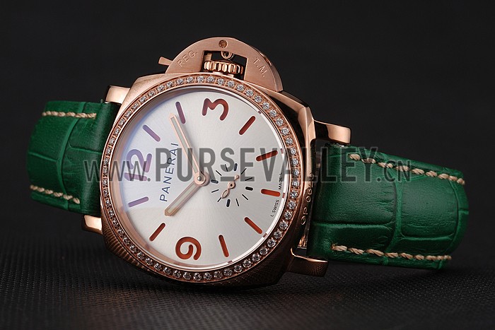 Panerai Radiomir White Dial Diamond Bezel Rose Gold Case Green Leather Strap 1453803