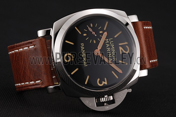 Swiss Panerai Luminor Marina Black Dial Stainless Steel Case Brown Leather Strap 1453852