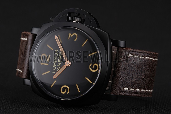 Swiss Panerai Luminor Black Dial Black PVD Case Brown Leather Strap 1453855