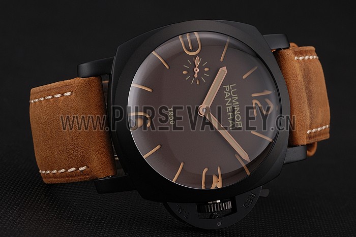 Swiss Panerai Luminor 1950 Brown Dial Black PVD Case Brown Suede Leather Strap 1453848